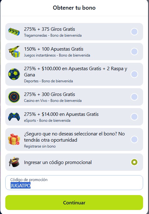 Casilla para introducir el código promocional Jugabet al momento de registrarse