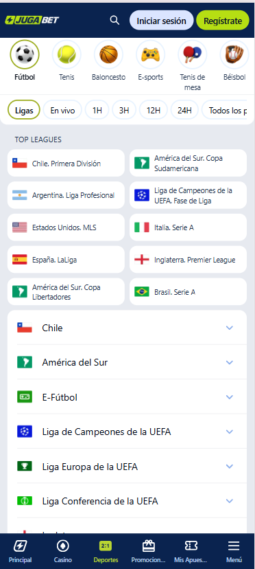 Opciones de apuestas en la App Jugabet