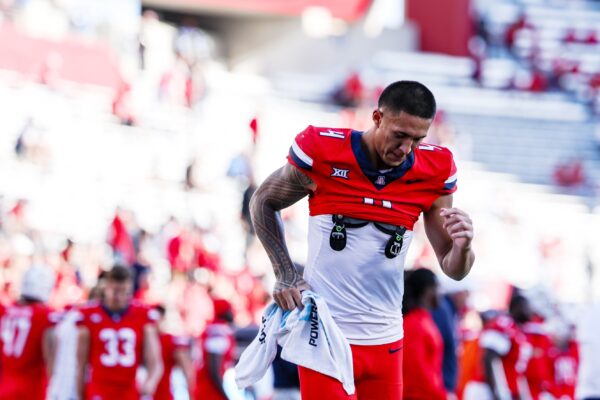 Oct 19, 2024; Tucson, Arizona, USA; Arizona Wildcats wide receiver Tetairoa McMillan (4) runs back into the locker room at the end of the fourth quarter against the Colorado Buffaloes at Arizona Stadium.