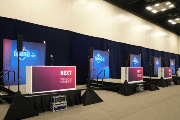 Feb 25, 2025; Indianapolis, IN, USA; General view of the podiums at the NFL Scouting Combine at the Indiana Convention Center.