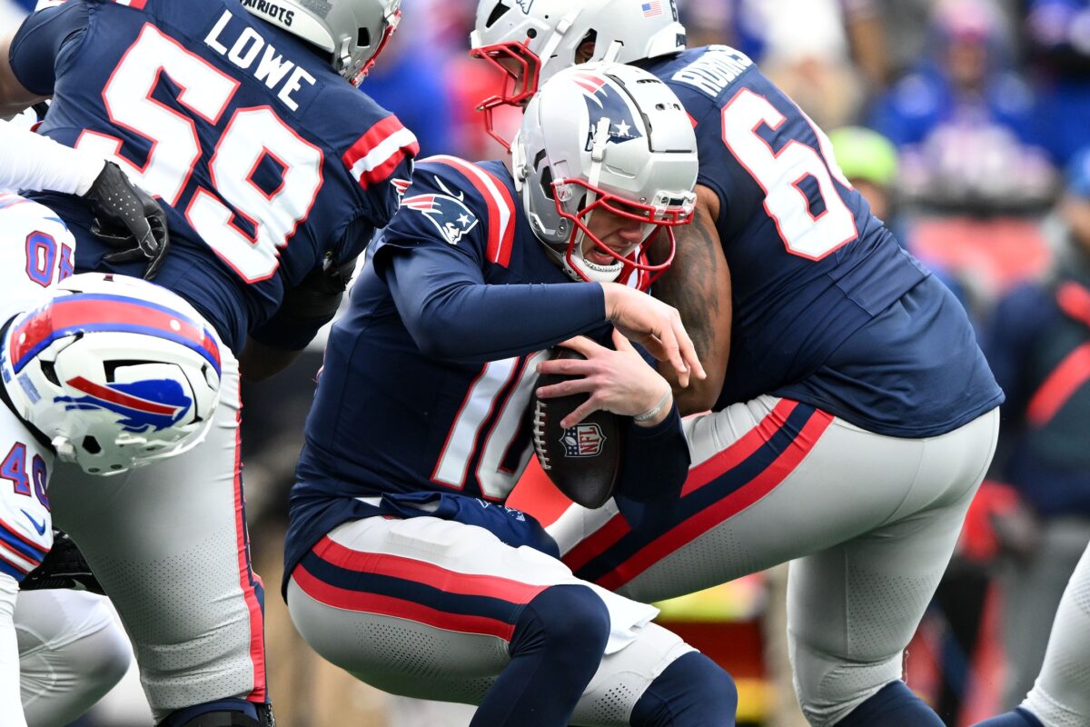 New England Patriots quarterback Drake Maye (10) is sacked during the first half of a game against the Buffalo Bills at Gillette Stadium.