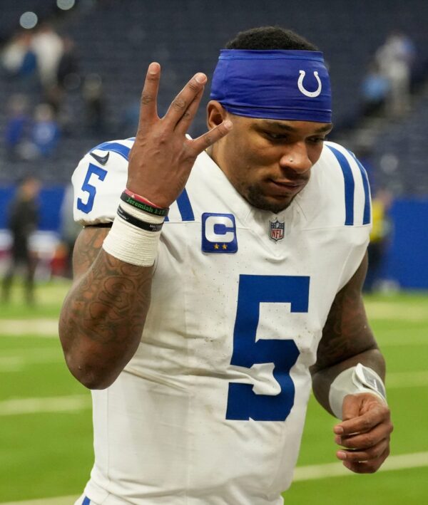 Indianapolis Colts quarterback Anthony Richardson (5) celebrates as he leaves the field Sunday, Dec. 22, 2024, after winning a game against the Tennessee Titans at Lucas Oil Stadium in Indianapolis.
