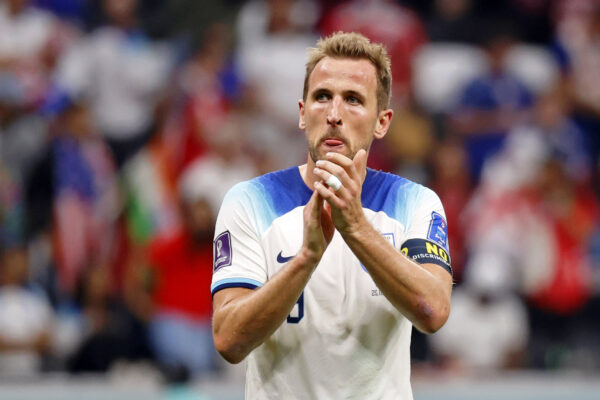 Nov 25, 2022; Al Khor, Qatar; England forward Harry Kane (9) acknowledges fans after a group stage match against the United States of America during the 2022 World Cup at Al Bayt Stadium.