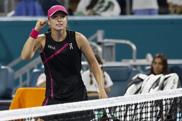 Mar 24, 2024; Miami Gardens, FL, USA; Iga Swiatek (POL) celebrates after her match against Linda Noskova (CZE) (not pictured) on day seven of the Miami Open at Hard Rock Stadium.