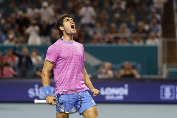 Mar 28, 2024; Miami Gardens, FL, USA; Carlos Alcaraz (ESP) celebrates after winning a game against Grigor Dmitrov (BUL) (not pictured) on day eleven of the Miami Open at Hard Rock Stadium.