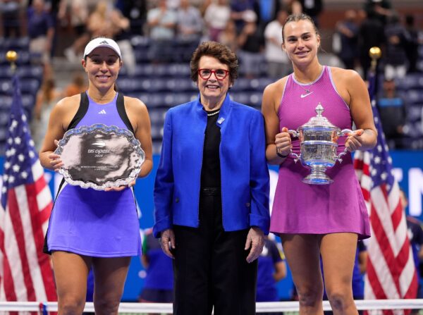USA Billie Jean King and Aryna Sabalenka with the US Open Trophy after beating Jessica Pegula (USA) in the women's singles final on day thirteen of the 2024 U.S. Open tennis tournament at USTA Billie Jean King National Tennis Center.