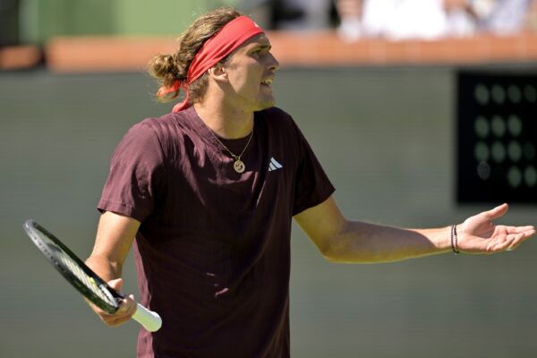 Mar 7, 2025; Indian Wells, CA, USA; Alexander Zverev (GER) reacts after missing a shot against Tallon Griekspoor (not pictured) in his second round match during the BNP Paribas Open at the Indian Well Tennis Garden.
