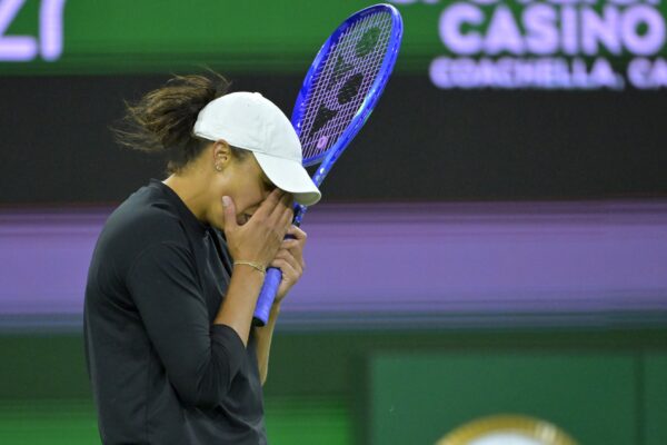 Mar 14, 2025; Indian Wells, CA, USA; Madison Keys (USA) reacts after missing a shot against Aryna Sabalenka (not pictured) during her semifinal match in the BNP Paribas Open at the Indian Well Tennis Garden.