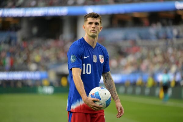 Mar 20, 2025; Inglewood, California, USA; United States of America forward Christian Pulisic (10) reacts against Panama during the second half of a Concacaf Nations League semifinal match at SoFi Stadium.