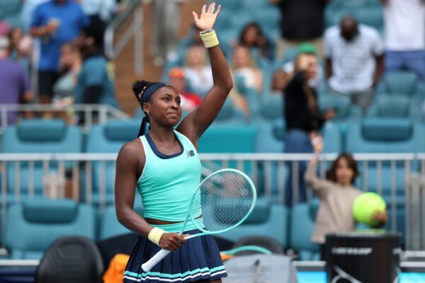 Mar 22, 2025; Miami, FL, USA; Coco Gauff (USA) waves to the crowd after her match against Maria Sakkari (GRE)(not pictured) on day five of the Miami Open at Hard Rock Stadium.