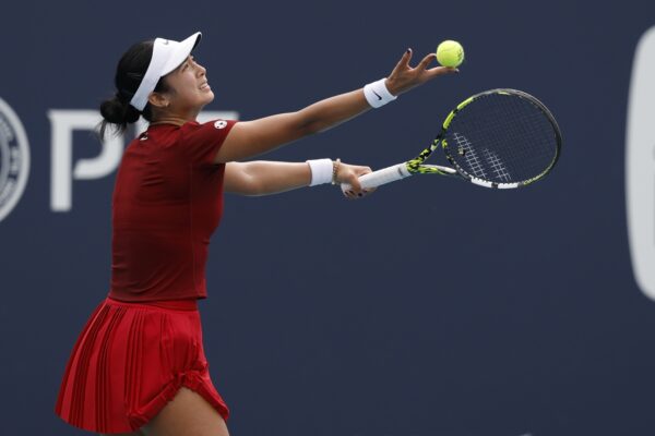 Mar 23, 2025; Miami, FL, USA; Alexandra Eala (PHI) serves against Madison Keys (USA)(not pictured) on day six of the Miami Open at Hard Rock Stadium.