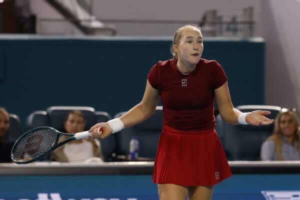 Mirra Andreeva reacts towards her player's box after missing a shot against Amanda Anisimova (USA)(not pictured) on day six of the Miami Open at Hard Rock Stadium.