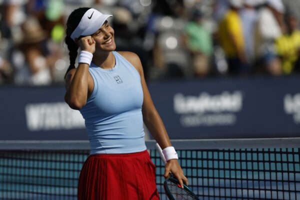 Mar 24, 2025; Miami, FL, USA; Emma Raducanu (GBR) celebrates after her match against Amanda Anisimova (USA)(not pictured) on day seven of the Miami Open at Hard Rock Stadium.