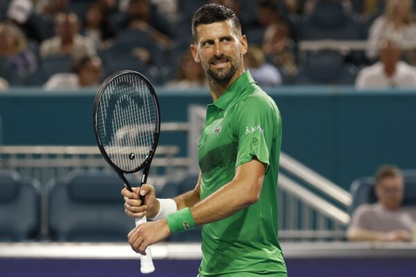 Mar 25, 2025; Miami, FL, USA; Novak Djokovic (SRB) celebrates after match point against Lorenzo Musetti (ITA)(not pictured) on day eight of the Miami Open at Hard Rock Stadium.
