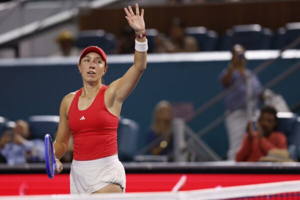 Mar 26, 2025; Miami, FL, USA; Jessica Pegula (USA) waves to the crowd after her match against Emma Raducanu (GBR)(not pictured) on day nine of the Miami Open at Hard Rock Stadium.