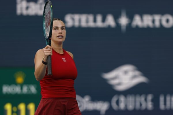 Mar 27, 2025; Miami, FL, USA; Aryna Sabalenka celebrates after match point against Jasmine Paolini (ITA)(not pictured) in a women's singles semifinal on day ten of the Miami Open at Hard Rock Stadium.