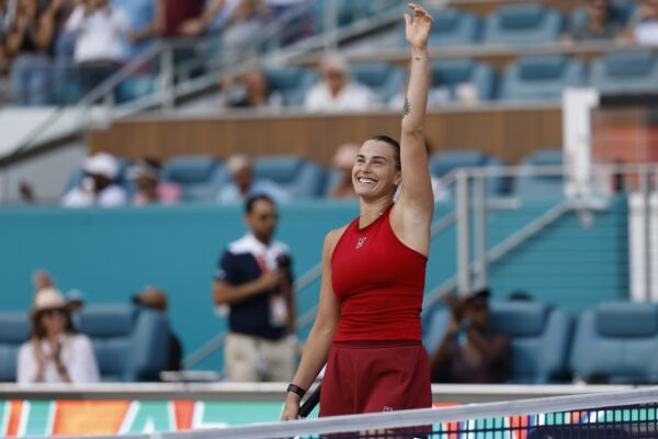 Mar 27, 2025; Miami, FL, USA; Aryna Sabalenka celebrates after her match against Jasmine Paolini (ITA)(not pictured) after a women's singles semifinal on day ten of the Miami Open at Hard Rock Stadium.