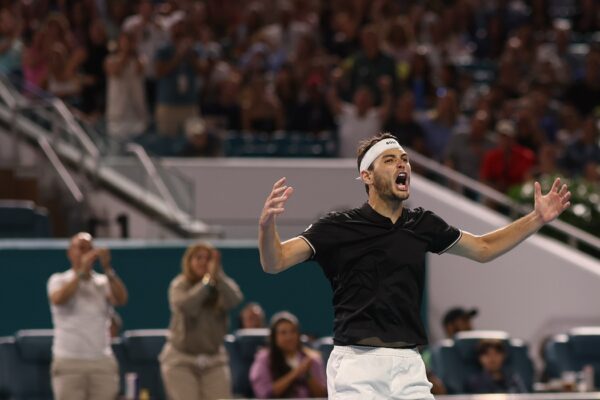 Mar 27, 2025; Miami, FL, USA; Taylor Fritz (USA) celebrates after match point against Matteo Berrettini (ITA)(not pictured) in a men's singles quarterfinal on day ten of the Miami Open at Hard Rock Stadium.