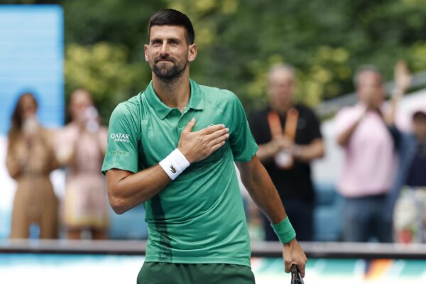 Mar 28, 2025; Miami, FL, USA; Novak Djokovic (SRB) acknowledges the crowd after his match against Grigor Dmitrov (BUL)(not pictured) in a men's singles semifinal on day eleven of the Miami Open at Hard Rock Stadium.