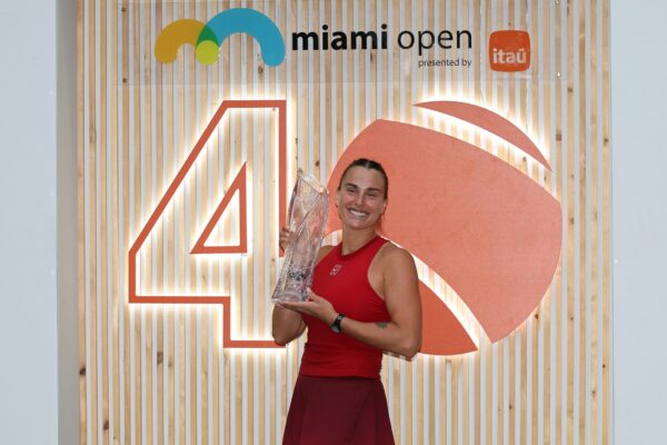 Mar 29, 2025; Miami, FL, USA; Aryna Sabalenka poses for a portrait with the Butch Buchholz trophy after her match against Jessica Pegula (USA)(not pictured) in the women's singles championship of the Miami Open at Hard Rock Stadium.
