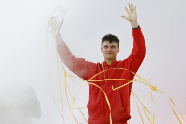Mar 30, 2025; Miami, FL, USA; Jakub Mensik (CZE) celebrates with the Butch Buchholz championship trophy after his match against Novak Djokovic (SRB)(not pictured) in the men's singles championship of the Miami Open at Hard Rock Stadium.