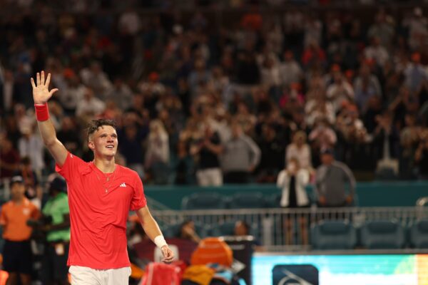Mar 30, 2025; Miami, FL, USA; Jakub Mensik (CZE) waves to the crowd after his match against Novak Djokovic (SRB)(not pictured) in the men's singles championship of the Miami Open at Hard Rock Stadium.