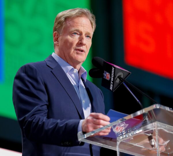 NFL Commissioner Roger Goodell welcomes fans to the 2025 NFL Draft before the first round on Thursday, April 24, 2025, at Lambeau Field in Green Bay, Wisconsin. The draft runs through April 26. Tork Mason/USA TODAY NETWORK-Wisconsin