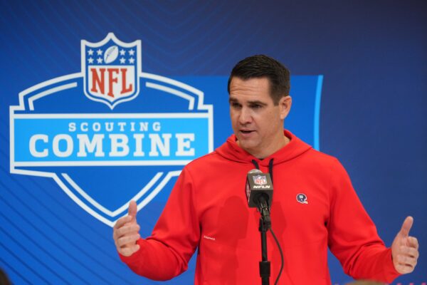 Feb 25, 2025; Indianapolis, IN, USA; New York Giants general manager Joe Schoen speaks during the NFL Scouting Combine at the Indiana Convention Center.