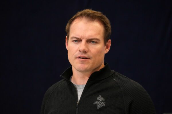 Feb 25, 2025; Indianapolis, IN, USA; Minnesota Vikings coach Kevin O'Connell speaks during the NFL Scouting Combine at the Indiana Convention Center.