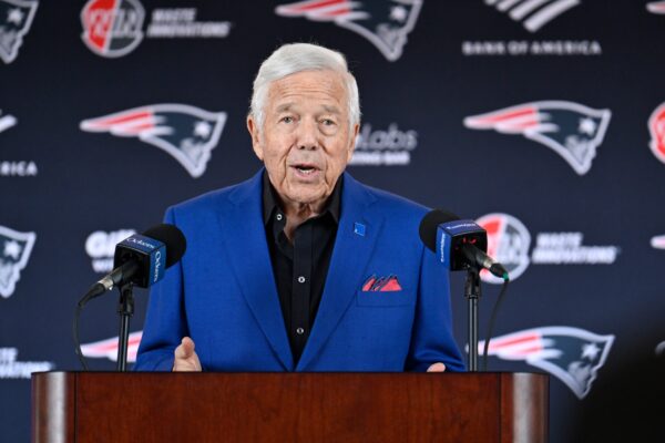 Mar 13, 2025; Foxborough, MA, USA; New England Patriots owner Robert Kraft discusses the teams recent free agent additions with the media at Gillette Stadium.