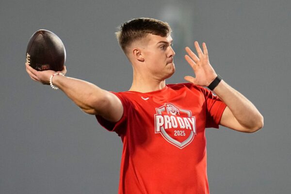 Ohio State Buckeyes quarterback Will Howard throws during the pro day for NFL scouts at the Woody Hayes Athletic Cente on March 26, 2025.