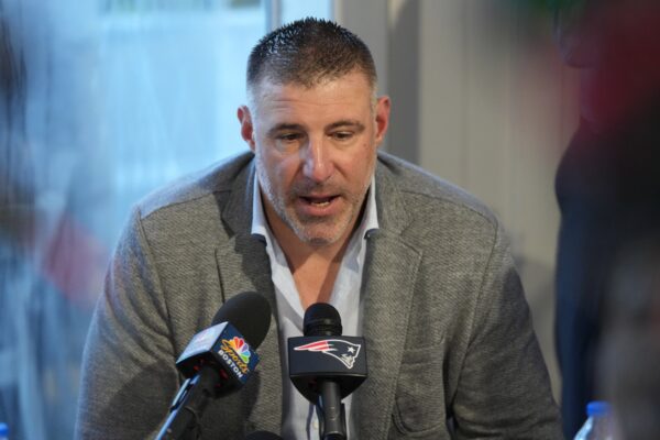 Mar 31, 2025; Palm Beach, FL, USA; New England Patriots head coach Mike Vrabel answers questions from the media during the NFL Annual League Meeting at The Breakers.