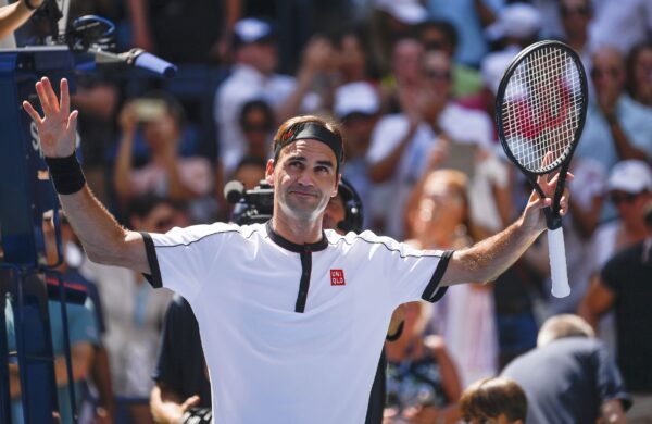 Aug 30, 2019; Flushing, NY, USA; Roger Federer of Switzerland after beating Daniel Evans of the United Kingdom the third round on day five of the 2019 U.S. Open tennis tournament at USTA Billie Jean King National Tennis Center.