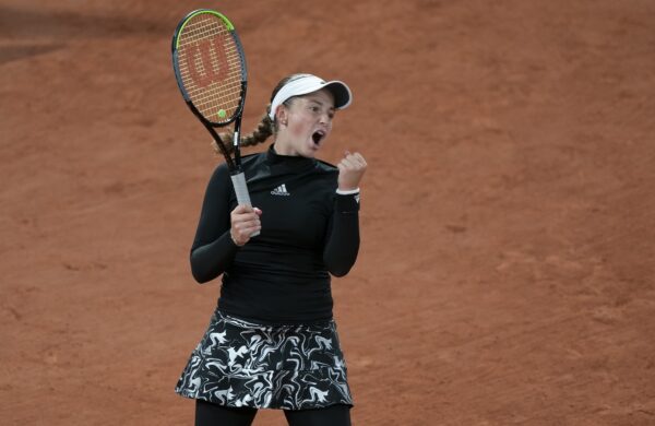 Oct 1, 2020; Paris, France; Jelena Ostapenko (LAT) celebrates match point during her during her match against Karolina Pliskova (CZE) on day five at Stade Roland Garros.