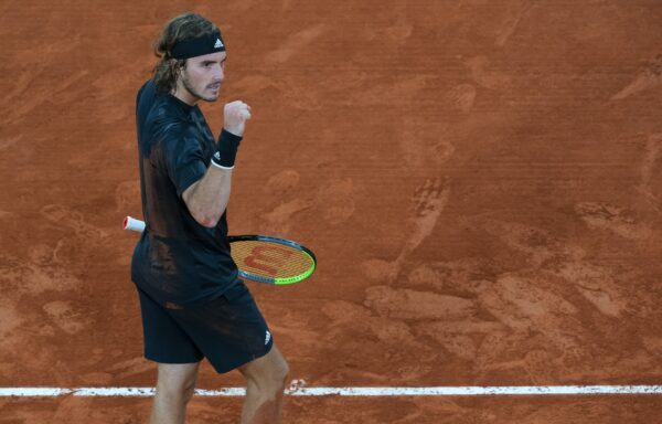 Oct 5, 2020; Paris, France; Stefanos Tsitsipas (GRE) celebrates match point during his match against Grigor Dimitrov (BUL) on day eight at Stade Roland Garros.