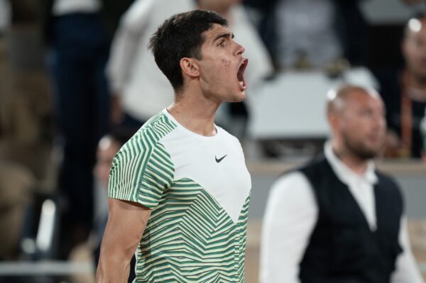 Jun 6 2023; Paris, France; Carlos Alcaraz (ESP) celebrates after defeating Stefanos Tsitsipas (GRE) on day 10 at Stade Roland-Garros.