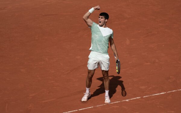 Jun 9 2023; Paris,France; Carlos Alcaraz (ESP) reacts to a point during his semifinal match against Novak Djokovic (SRB) on day 13 at Stade Roland-Garros.