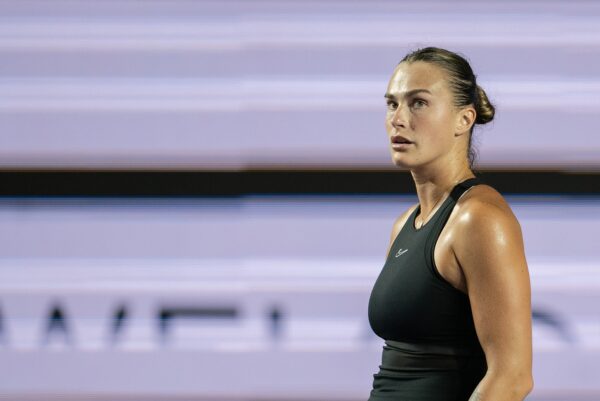 Nov 5, 2023; Cancun, Mexico; Aryna Sabalenka (BLR) during her match against Iga Swiatek (POL) on day eight of the GNP Saguaros WTA Finals Cancun.