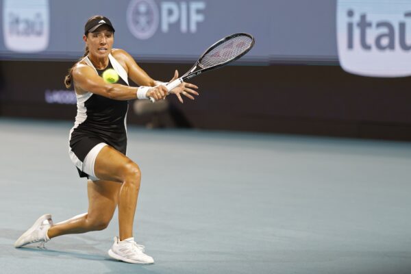 Mar 27, 2024; Miami Gardens, FL, USA; Jessica Pegula (USA) hits a backhand against Ekaterina Alexandrova (not pictured) on day ten of the Miami Open at Hard Rock Stadium.