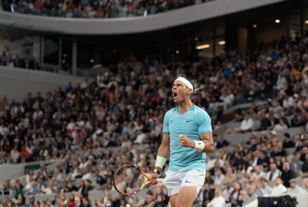 May 27, 2024; Paris, France; Rafael Nadal of Spain reacts to a point during his match against Alexander Zverev of Germany on day two of Roland Garros at Stade Roland Garros.