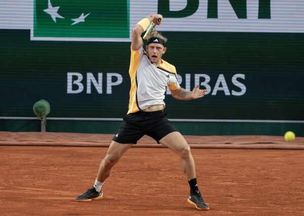 May 30, 2024; Paris, France; Casper Ruud of Norway returns a shot during his match against Alejandro Davidovich Fokina of Spain on day five of Roland Garros at Stade Roland Garros.
