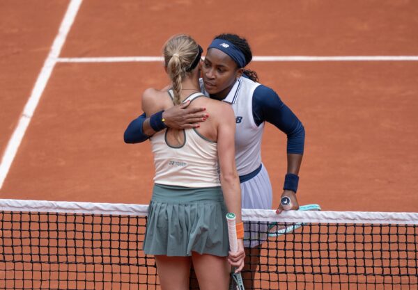 May 31, 2024; Paris, France; Coco Gauff of the United States (right) greets Dayana Yastremska of Ukraine (left) at the net after their match on day six of Roland Garros at Stade Roland Garros.