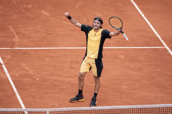 Jun 2, 2024; Paris, France; Stefanos Tsitsipas of Greece celebrates winning his match against Matteo Arnaldi of Italy match on day eight of Roland Garros at Stade Roland Garros.