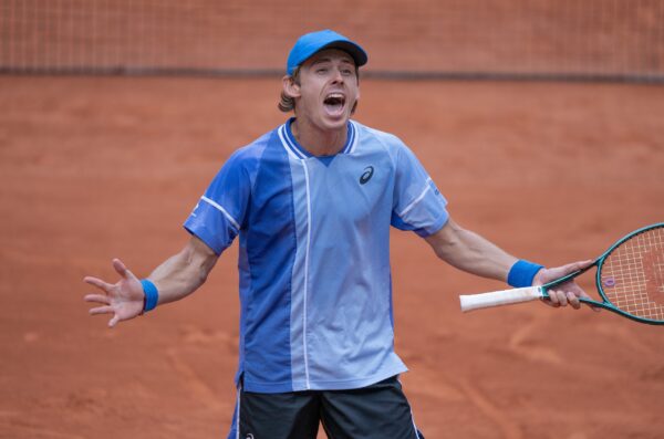 Jun 3, 2024; Paris, France; Alex De Minaur of Australia celebrates winning his match against Daniil Medvedev on day nine of Roland Garros at Stade Roland Garros.