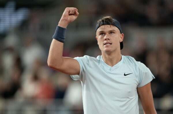 Jun 3, 2024; Paris, France; Holger Rune of Denmark reacts to a point during his match against Alexander Zverev of Germany on day nine of Roland Garros at Stade Roland Garros.
