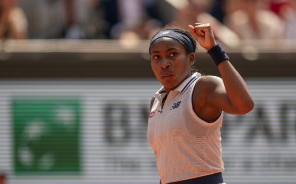 Jun 6, 2024; Paris, France; Coco Gauff of the United States reacts to a point during her match against Iga Swiatek of Poland on day 12 of Roland Garros at Stade Roland Garros.