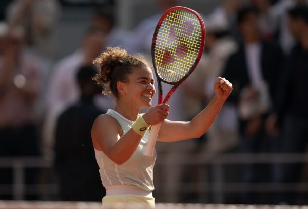 Jun 6, 2024; Paris, France; Jasmine Paolini of Italy celebrates winning her match against Mirra Andreeva on day 12 of Roland Garros at Stade Roland Garros.