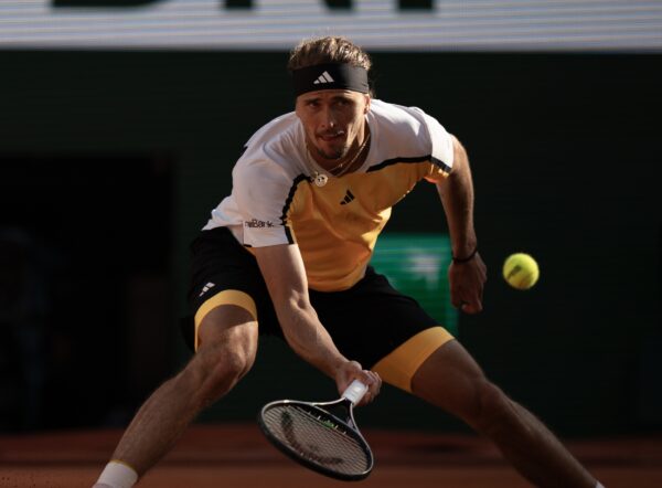 Jun 9, 2024; Paris, France; Alexander Zverev of Germany returns a shot during the menÕs final match against Carlos Alcaraz of Spain on day 15 of Roland Garros at Stade Roland Garros.
