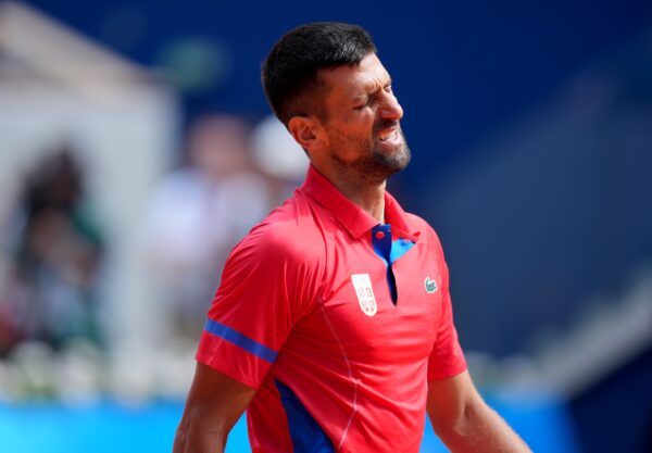 Aug 4, 2024; Paris, France; Novak Djokovic (SRB) reacts after a point in the men’s singles gold medal match against Carlos Alcaraz (not pictured) during the Paris 2024 Olympic Summer Games at Stade Roland Garros.