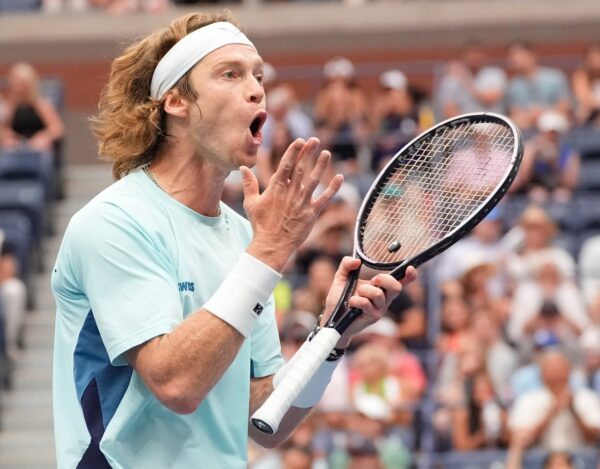 Sep 1, 2024; Flushing, NY, USA; Andrey Rublev after a miss to Grigor Dimitrov (BUL) on day seven of the 2024 U.S. Open tennis tournament at USTA Billie Jean King National Tennis Center.